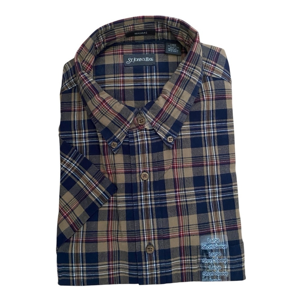 St. John's Bay Men's Casual Plaid Shirt - Navy and Tan Short Sleeve Button Down - Picture 1 of 5